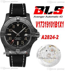 BLS V17319101B1X1 43mm ETA A2824自動メンズウォッチPVDスチールすべてブラックホワイトナンバーダイヤルナイロンレザーストラップスーパーエディションPuretime 05a1