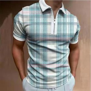 Męskie letnie koszule golfowe spersonalizowane w kratę nadruk klapa pół zip krótkie rękawa
