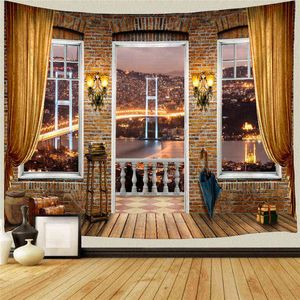 Balkon Fenster Teppich Wandbehang Stoff Ziegel Wand Teppiche Ästhetische Landschaft Hippie Retro Zimmer Kunst Decke Wohnkultur J220804