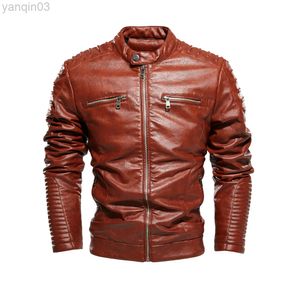 Högkvalitativ modekläder läderjacka Motorcykelstil Manlig affärsjackor för män svart varm överrock L220801