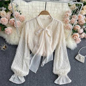 Deat Women Women Long Puff Sleeve Bow Bow Chiffon Shirt Colle Colle redonda de cor redonda Slim Spring Summer Summer 11b776 210709