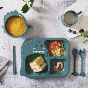 Baby Dinosaur Tableware 6 Piece Set Children's Dinner Plate Grid Home Creative Cartoon Environmentally Friendly Feeding Dishes LJ201221