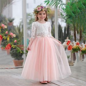 봄 여름 여자를위한 의류 하프 슬리브 레이스 탑   샴페인 핑크 긴 스커트 키즈 옷 2-11t E17121 220419