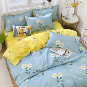 Schöner Daisy Print Kingsize -Bettwäscheset Queen Hochqualität gewaschene Baumwollbunddecke mit flachem Blech Quilt Kissenbezug