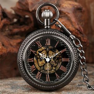 Orologi da taschino Retro Nero/Bronzo Orologio meccanico a carica manuale da uomo Orologio con pendente a catena antico Coperchio trasparente Numeri romani QuadranteTasca