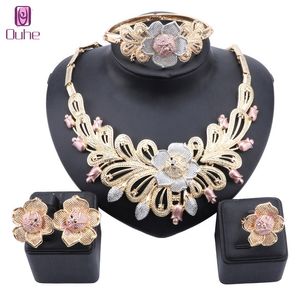 Mode Afrikanische Constume Perlen Set Nigeria Frauen Blume Kristall Halskette Ohrringe Armreif Ring Dubai Gold Farbe Schmuck-Set