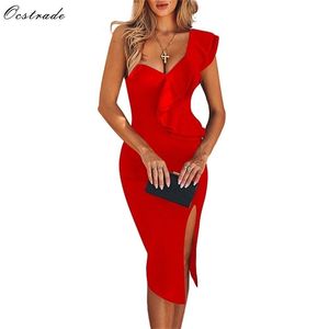 Ocstrade New Arrival Women One Shoulder Bandage Dress 우아한 주름 빨간 붕대 드레스 Bodycon 섹시 파티 나이트 클럽 드레스 LJ200810