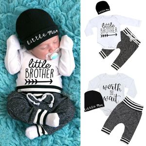 Ensembles de vêtements né bébé garçon vêtements 3 pièces petit frère à manches longues barboteuse pantalon chapeaux tenue vêtements vêtements