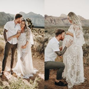 2022 Boho Lace Prom Klänningar för gravida Kvinnor Aftonklänningar med Wrap Maternity Photo Shoot Dress Party Vestido de Novia