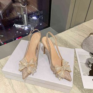 Yeni Stil Ince Topuk Sivri Gelin Düğün Ayakkabı Pırıltılı Rhinestone Yay Sarılı Geri Yüksek Topuklu Ayakkabı Sandalet Sarılı