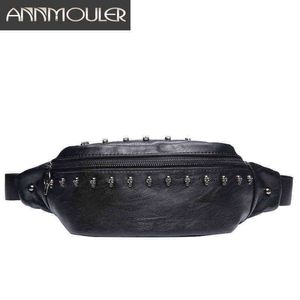 Annmouler Fashion Unisex midja Pack Bag Pu Leather Skull Chest Black Shoulder Phone Pouch Stora män Kvinnor Fanny Bum 220531