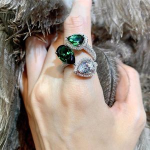 Wholesale three stone emerald ring resale online - Three stone Finger Ring Water Drop Emerald Cz sterling silver Party Wedding band Rings for Women Promise Birthday Jewelry330B