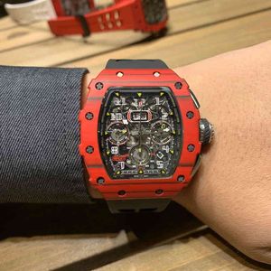 Data de relógio de Uxury Lazer Richa 11-03 Máquina automática multifuncional Red fibra de fibra de carbono Millers Relógios homens relógios de pulso GMT Reloj