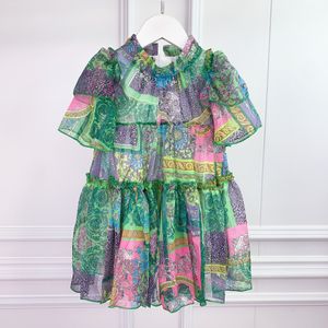Najwyższej jakości dzieci dziewczyny szyfonowe sukienki letnia dziewczynka kwiaty drukuj sukienka zielona dzieci