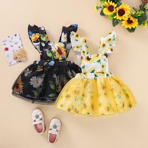 Flickans klänningar Baby Girls Dress Summer Sweet Style Toddlers Sunflower Printing Sleeve Mesh Splicing Princess Suspender Kirtgirl's Girl'Sgir