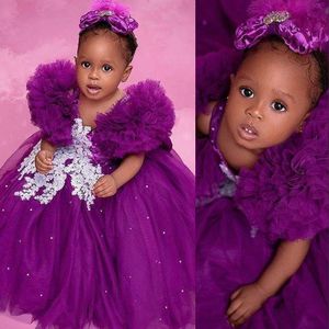 2022 Cute Purple Girls Pageant Dresses For Teens Illusion Neck Cap Sleeves White Lace Appliques Beads Floor Length Size 13 Party Children Flower Girl Gowns