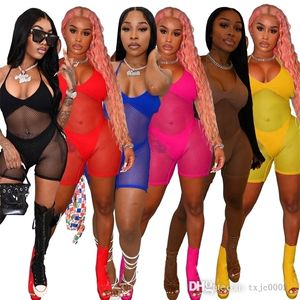 Summer Women Jumpsuits Designer Onesies Sexy Mesh Perspective Bodysuit Sleeveless Fashion Skinny Shorts Rompers Clubwear