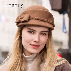 New Women 100 Wool Felt Fedora Soild Beautiful Bow Ornament Round Top Women Hats Autumn Winter Beret Stewardess Cap In Black Wine J220722