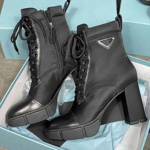 Designer Plaque Boots Lace Up Ankle Boot 9.5cm Women Black Leather Combat Boots High Heel Winter Booty Top Quality With Box NO256