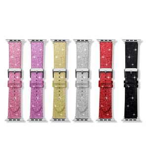 Glitter pu läderrem för Apple Watch 41mm 45mm 44mm 42mm 40mm 38mm Band Kvinnor Bling Shiny Belt Wristband Iwatch 7 6 5 4 3 Se Watchband Accessories