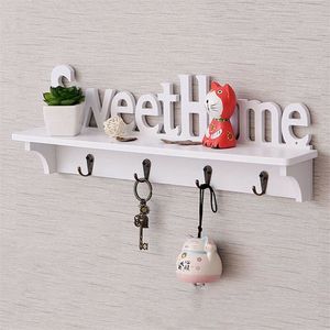 Sweet Home Key Hook Home Decoration Hanger Plastic Wood Wall Mounted Hanger Shelf/Coat Hat Clothes Rack 201021