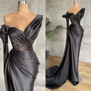 Sexy Black Mermaid Evening Formal Dresses One Shoulder Draped Floor Length Lace Stain Slit Pleated Side Train Prom Dress Formal Party Gowns Custom Robes De Soirée