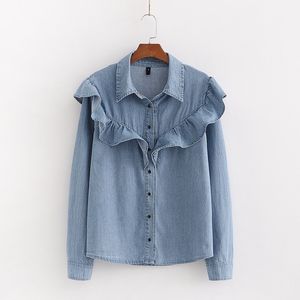 Yeni kadın moda basamaklı fırfırlar denim gömlek ofis bayanlar geri döner yaka uzun kollu katı bluz roupas şık üstleri ls6332 201028