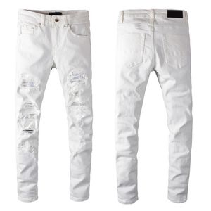 Weiße Jeans mit Löchern, dünn, zerrissen, Herren-Passform, Designer-Jeans im Used-Look, zerrissen, für Herren, beschädigte Hose, Patchwork, Motorrad, langer Reißverschluss, Baggy-Denim, Jugend, schmal, gerades Loch