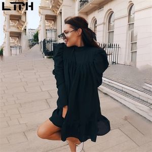 Spring Autumn fashion Solid women dress temperament Puff Sleeve small Turtleneck Ruffles A Line Chiffon dresses LJ200808