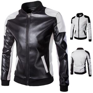 Men's Jackets Trendy Men's Racing Clothes Stand Collar Motorcycle Leather Street Black And White Color Matching Oversized JacketMen's