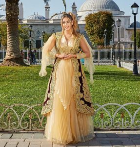 Vestidos de Novia Kosovo Albanian Caftanイブニングドレス2022ゴールドブルゴーニュロングスリーブアップリケローブソレのデマリージュPROW Downs Jace