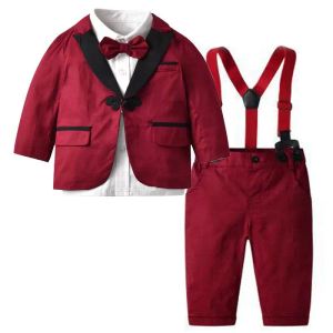 Kläder sätter långärmad röd formell kläddräkt för pojkar klänning baby t-shirt   kappa byxor bälte 5 bitar barn födelsedagsfest