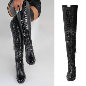 Frauen Stiefel Western Leder Overknee Hohe Stiefel Herbst Schwarz Schnürung Mode Frauen Schuhe Niedrigen Absatz Lange Stiefel