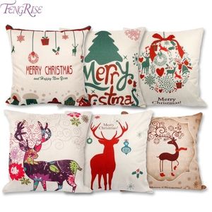 Fengrise 45x45cm kuddefodral Juldekorationer för Hem Santa Clause Deer Cotton Linen Cover Cushion Decor Y201020