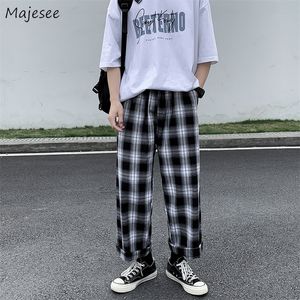 Männer Casual Hosen Plaid Knöchel Länge Lose Breite Bein Alle spiel Elastische Taille Mode Hosen Streetwear Harajuku Koreanische Retro Ins 220524