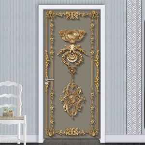 Selbstklebende Türaufkleber-Tapete, 3D-europäischer Stil, goldenes Blumenmuster, Wohnzimmer, Schlafzimmer, Wandbild, Poster, Wandtattoos 220426