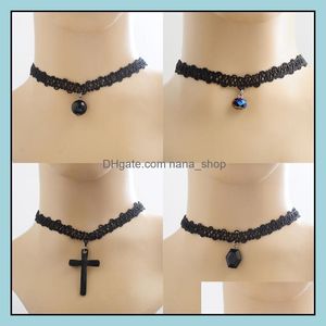 Chokers Necklaces Pendants Jewelry Selling For Women Choker Handmade Vintage Stretch Tattoo Lace Gothic Punk Elastic Cross Pendant Drop De