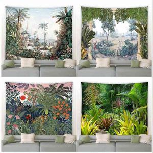 Wandteppich, tropischer Wald, Landschaft, Wandteppich, grüne Bananenpalmenblätter, natürliches Ve