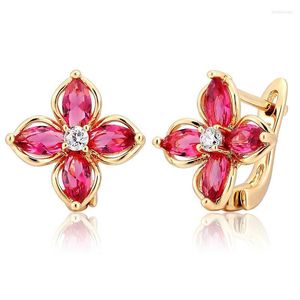 Hoop & Huggie Marquise Cross Red CZ Flower Four Petal Clover Small Earrings For Women Girls Yellow Gold Color Jewelry Aros AretesHoop Kirs22