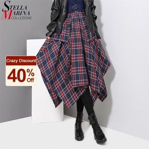 Korean Style Woman Red Plaid Asymmetrical Skirt Sashes High Waist Midi Belted Ladies Casual Unique Irregular Checker Skirt 3027 210315