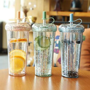 520ml Tumbler with Straws Double Layer Leakproof Milk Coffee Glitter Water Bottles