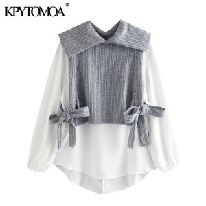 KPYTOMOA Women Fashion With Bow Tied Patchwork Loose Blouses Vintage Long Sleeve Elastic Trim Female Shirts Chic Tops 210401