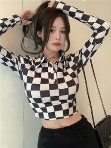 Damen T-Shirt Deeptown Y2K Koreanischer Stil Plaid Print Rosa Crop Tops Frauen Harajuku E-Girl Langarm Schwarze T-Shirts Weiblich Schlank Sexy T-Shirt C