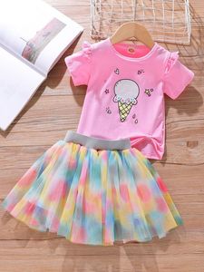 Gonna tutu per t-shirt con bordo increspato con grafica a cartoni animati per bambine SHE