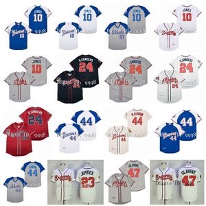 NA85 Vintage 1955 Baseball jersey 10 Chipper Jones 23 David Justice 24 Deion Sanders 44 Hank Aaron 47 Tom Glavine Mn Jersey White Blue Gray Size