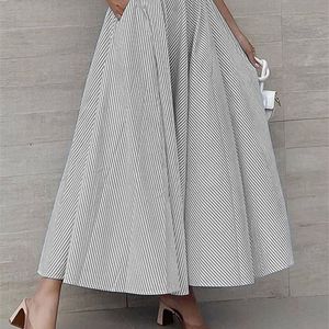 Women Long Skirts Striped Party Maxi Celmia Fashion Loose Casual Summer High Waist A-line Office Lady Bottoms W220426