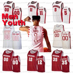 Maglia da basket personalizzata da uomo giovanile 2022 NCAA Wisconsin Tyler Wahl Johnny Davis Brad Davison Steven Crowl Chucky Hepburn Lorne Bowman II Neath Ben Carlson Ilver Vogt