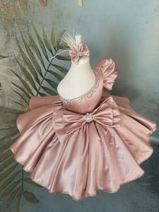 Rose Gold Satin Flower Girl Długość kolanowa jedno ramię małe dziewczynka sukienka ślubna Komunia