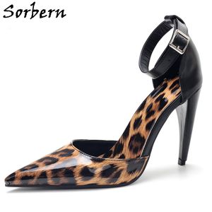 SORBERN Leopard Ankleストラップドレスシューズポンプ女性ハイヒール尖ったつま先成熟したスペシャルヒールユニセックスビッグサイズ36-46クロスドレス靴