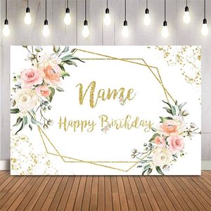 Name Happy Birthday Backdrop Pink Floral Decoration Pocall Gold Dot Customize Personalize DIY Supplies 220614